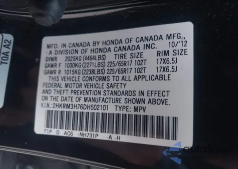 2013 Honda Cr-V Ex-L from USA, damaged, VIN 2HKRM3H76DH502101